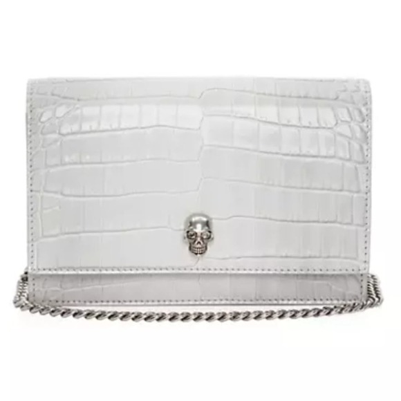Alexander McQueen Skull Croc-Embossed Leather Chain Crossbody Light Gray - Picture 1 of 12